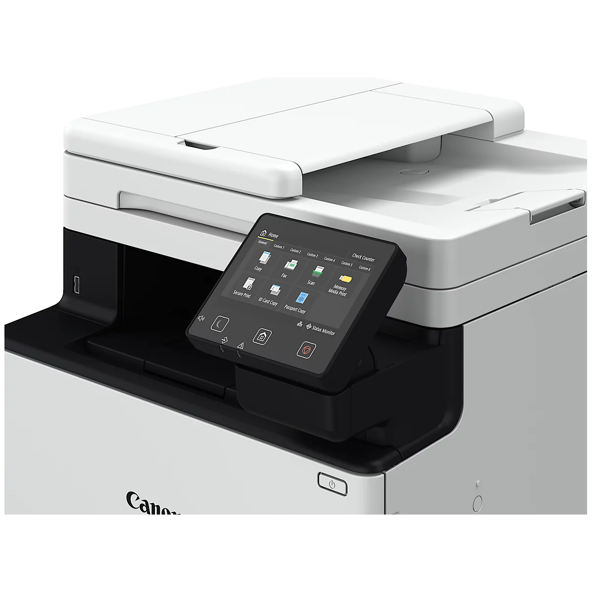 Canon printer, wit en grijs, met touchscreen. Iconen op het scherm.
