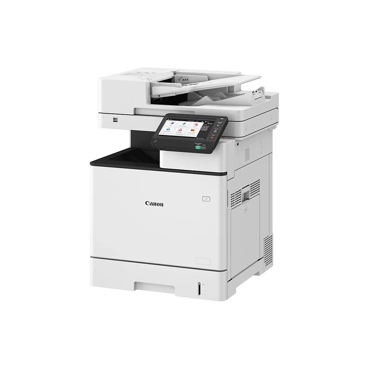 Weißer Canon-Multifunktionsdrucker mit Touchscreen, Papierfach und dem Canon-Logo.