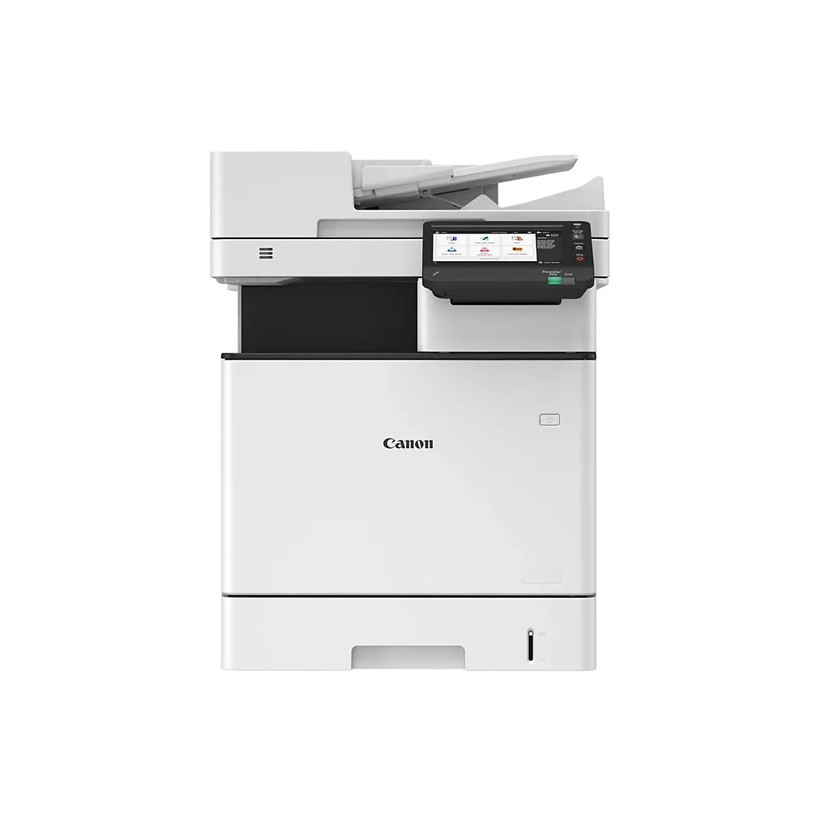 Ein weißer Canon-Multifunktionsdrucker mit Touchscreen, Papierauswurf und Bedienfeld. Das Canon-Logo ist prominent.