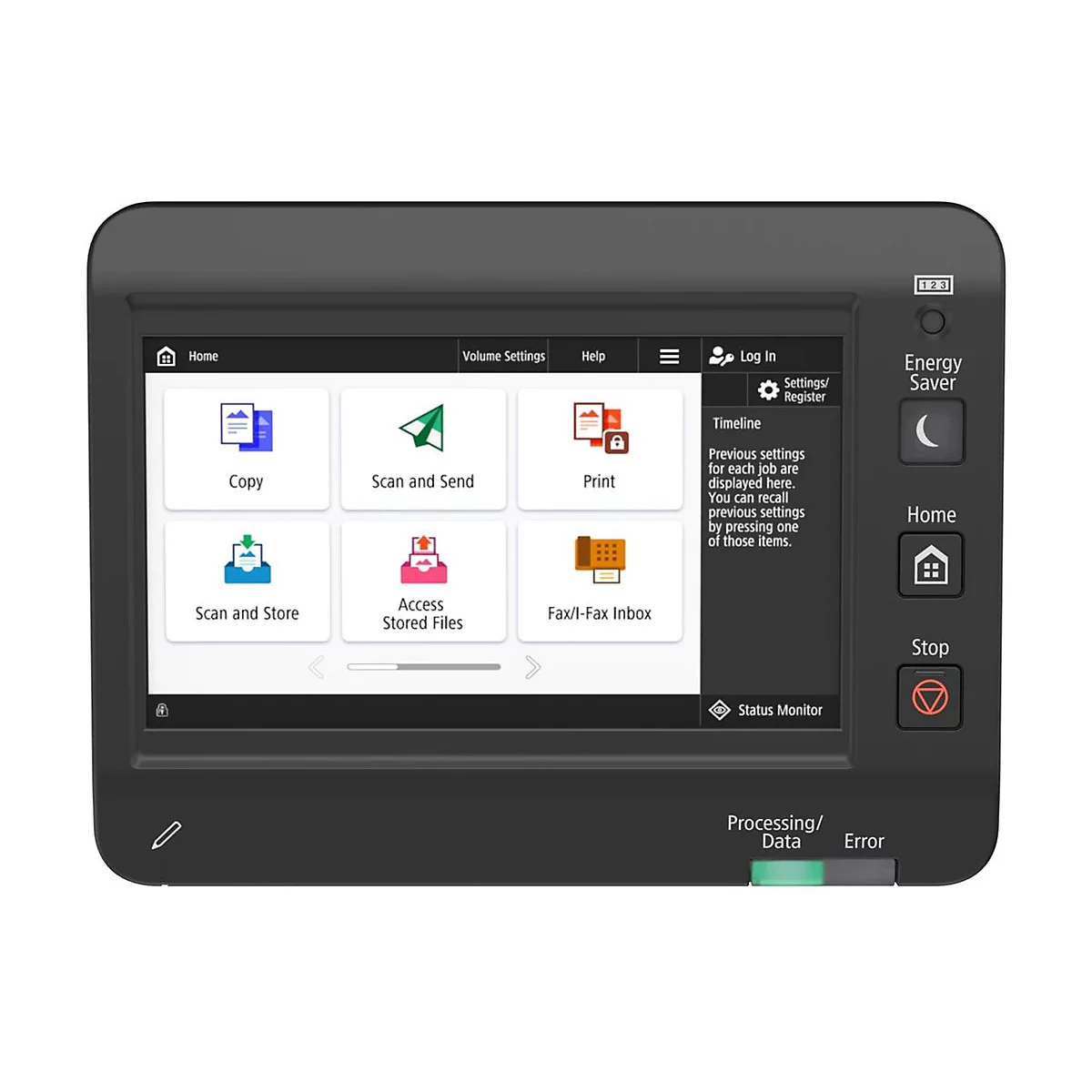 Schwarzes Multifunktionsgerät mit Touchscreen. Auf dem Bildschirm Icons für Kopieren, Scannen, Drucken und mehr. Rechts Knöpfe für Home, Stopp und Energiesparen.