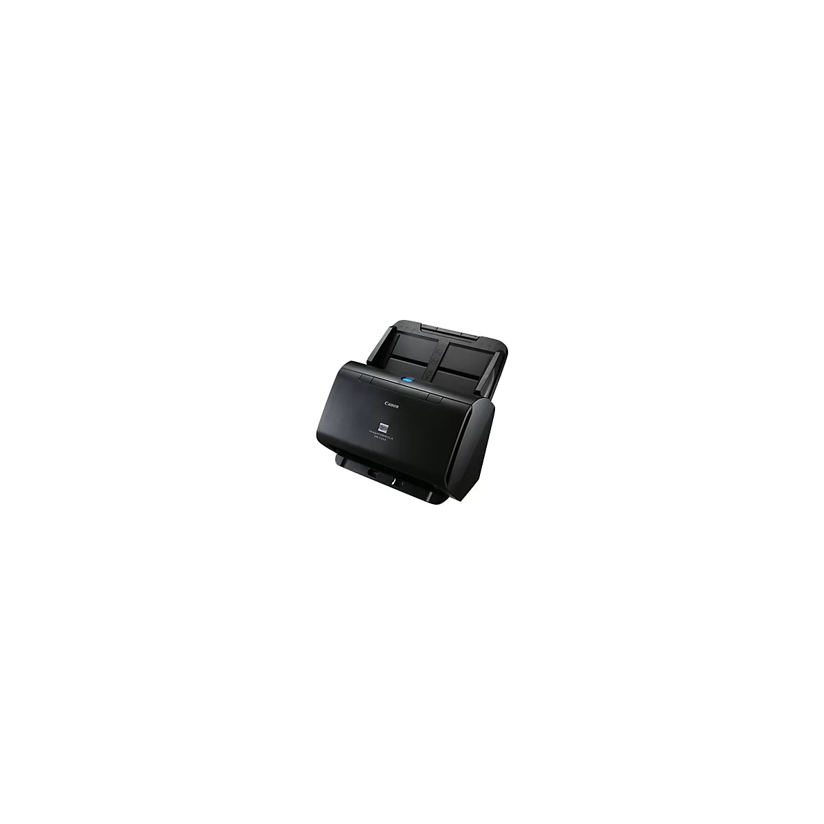 Schwarzer Canon-Scanner mit geöffneter Klappe, blaue LED.