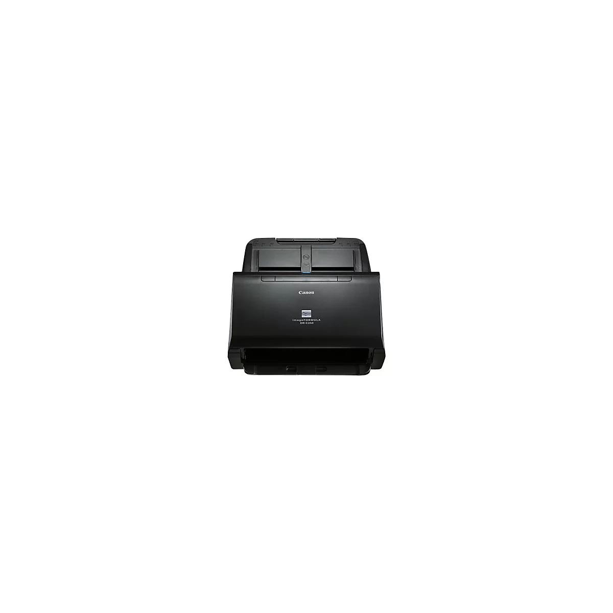 Schwarzer Canon Scanner, Modell DR-C240. Oben ist ein Einzug, Canon Logo. Unten ist der Ausgabeschlitz.