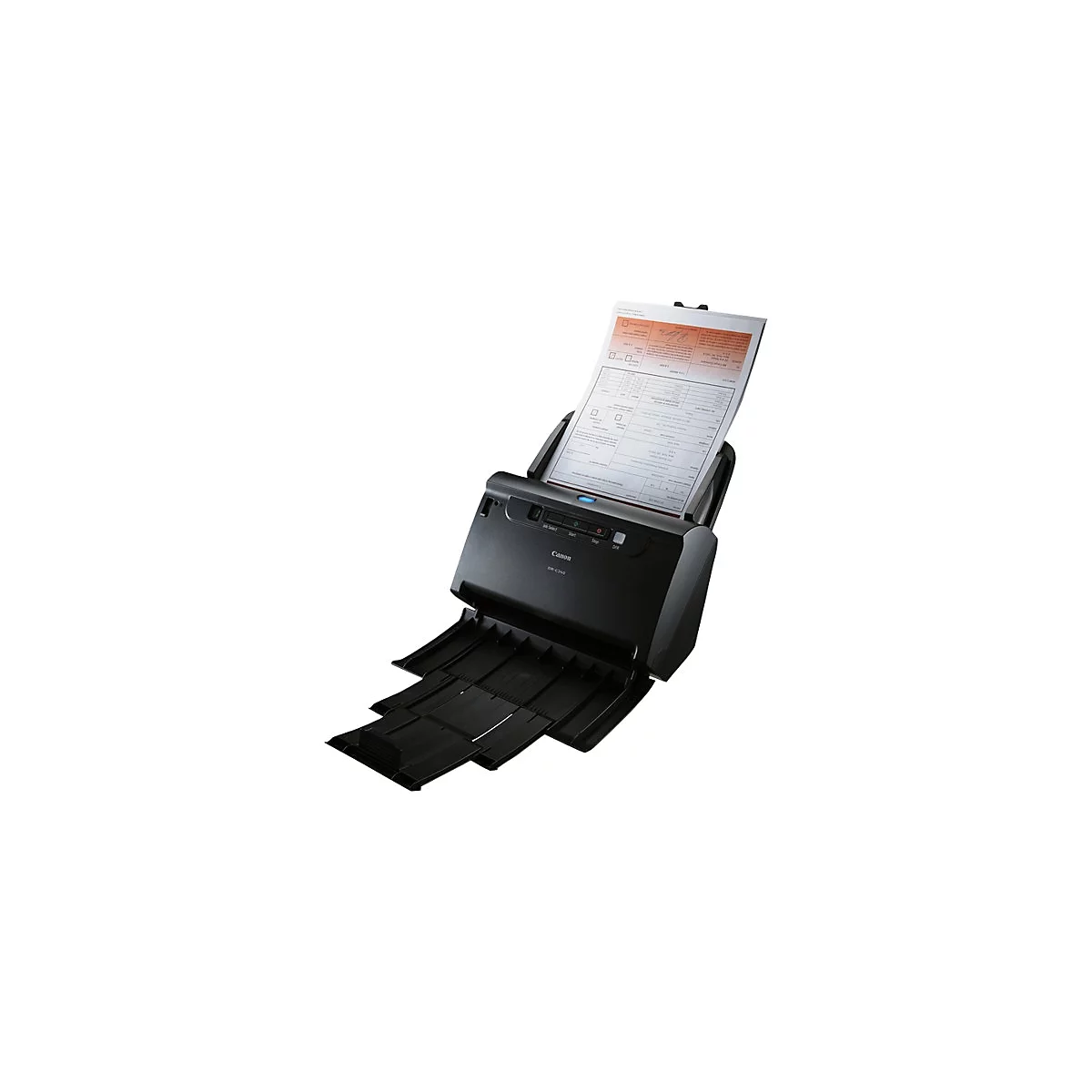 Schwarzer Canon-Scanner mit eingelegtem Formular. Formular wird in den Scanner eingezogen.