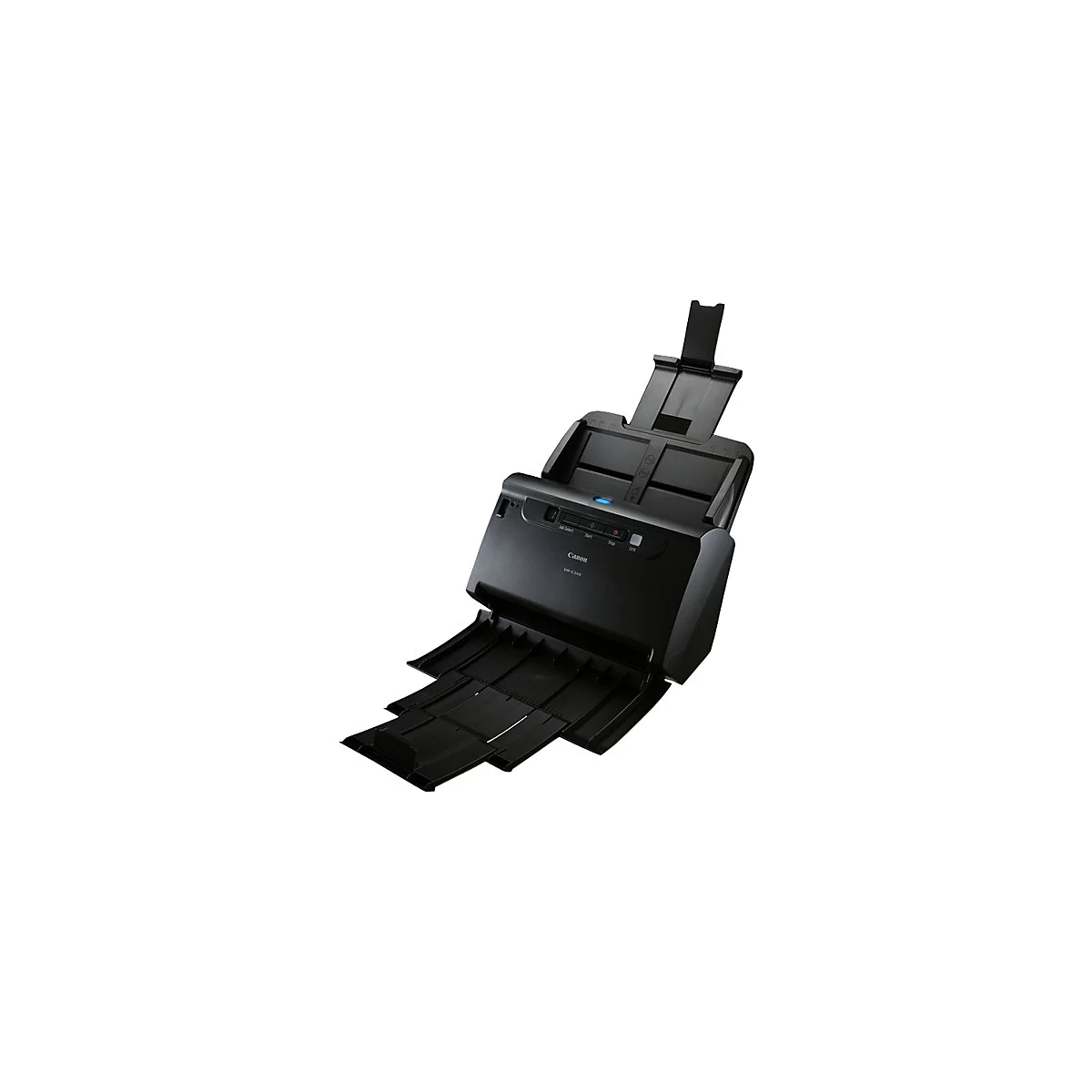 Schwarzer Canon-Scanner. Oben ist ein Papiereinzug zu sehen, darunter eine Bedienoberfläche.