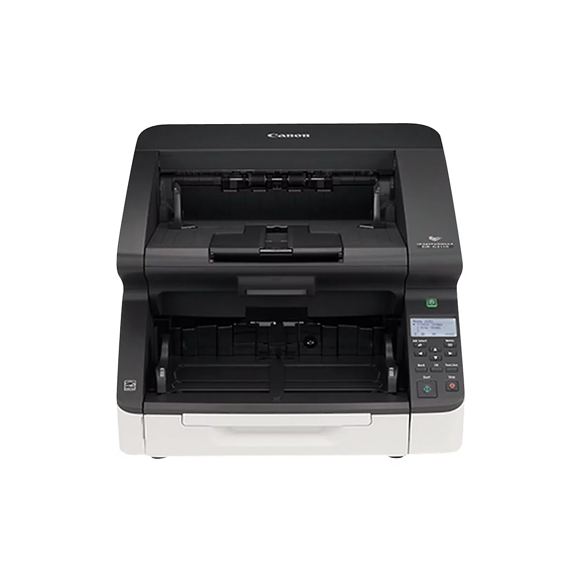 Ein schwarzer Canon-Scanner mit weißer Basis. Oben steht der Name Canon. Rechts befindet sich ein Bedienfeld mit Tasten und einem Bildschirm.