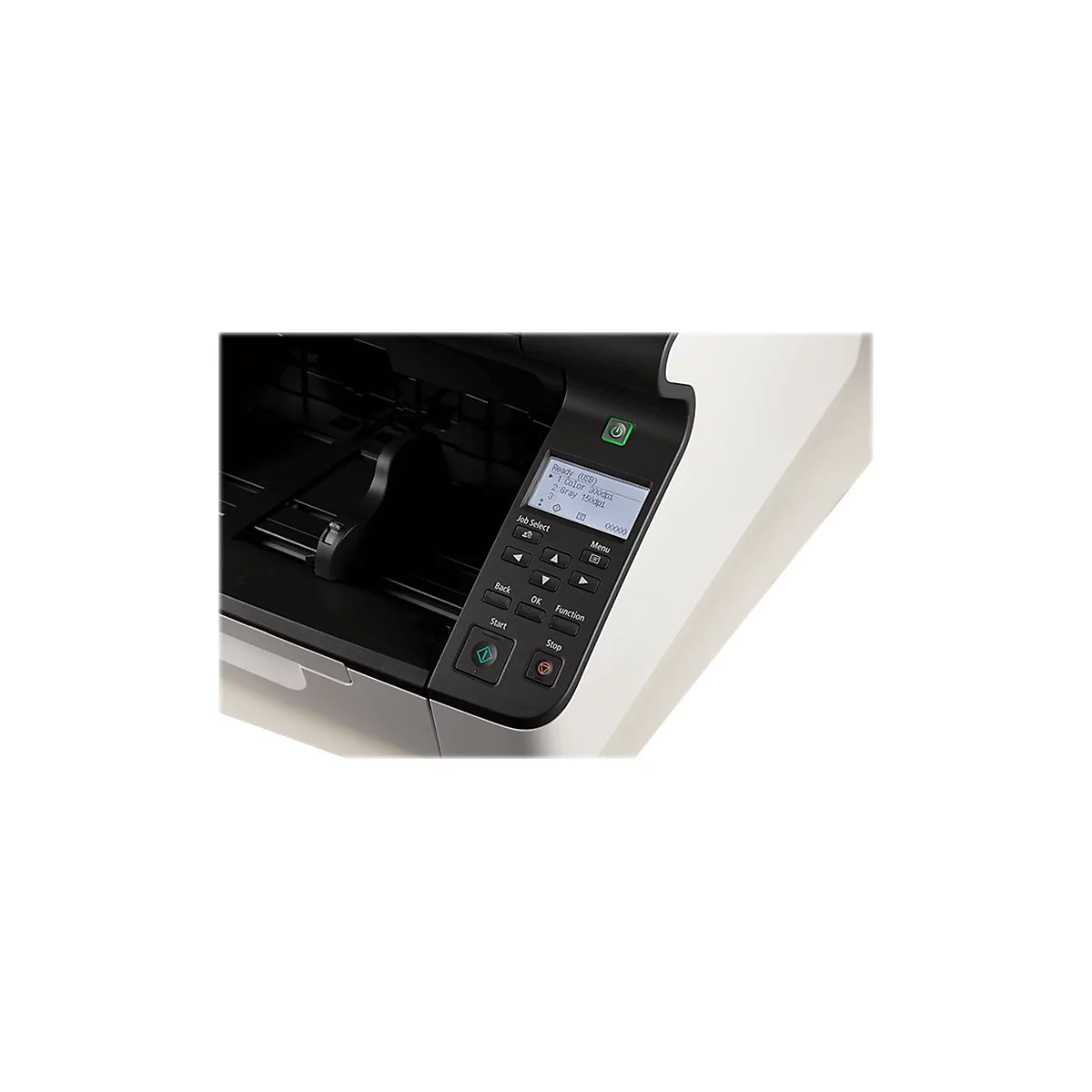 Detailaufnahme eines Druckers. Schwarzes Bedienfeld mit Display und Tasten, darunter Start und Stopp. Text auf dem Display.