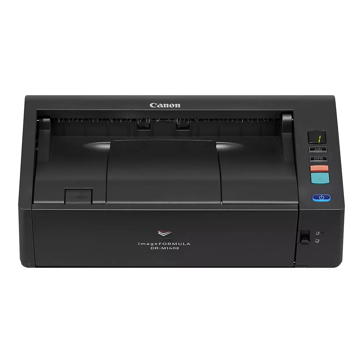 Schwarz-grauer Canon-Scanner. Auf der Oberseite steht Canon. Rechts befinden sich Tasten. Unten steht imageFORMULA DR-M140II.