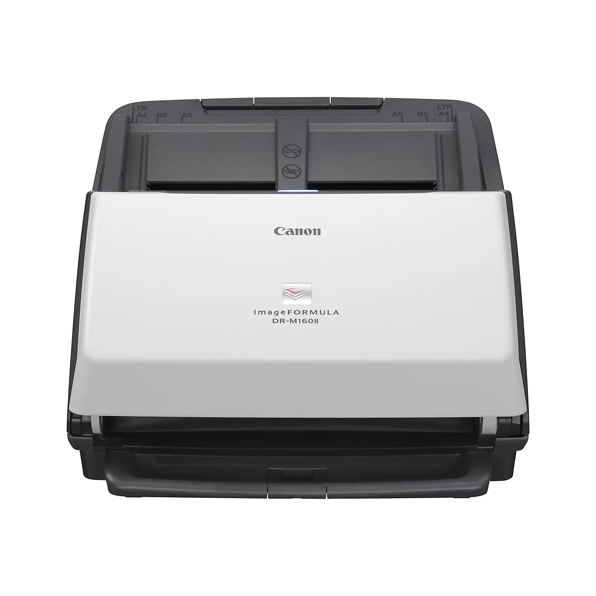 Ein grauer Canon-Scanner, Frontansicht, auf weißem Hintergrund. Der Deckel ist offen. Der Name des Herstellers, das Modell und die Produktbezeichnung sind sichtbar.