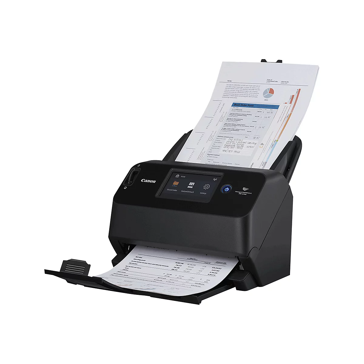 Ein schwarzer Canon-Dokumentenscanner, in den von oben ein Blatt Papier eingelegt wird, das oben herausragt und mit Text bedruckt ist. Unten liegt das gescannte Dokument.