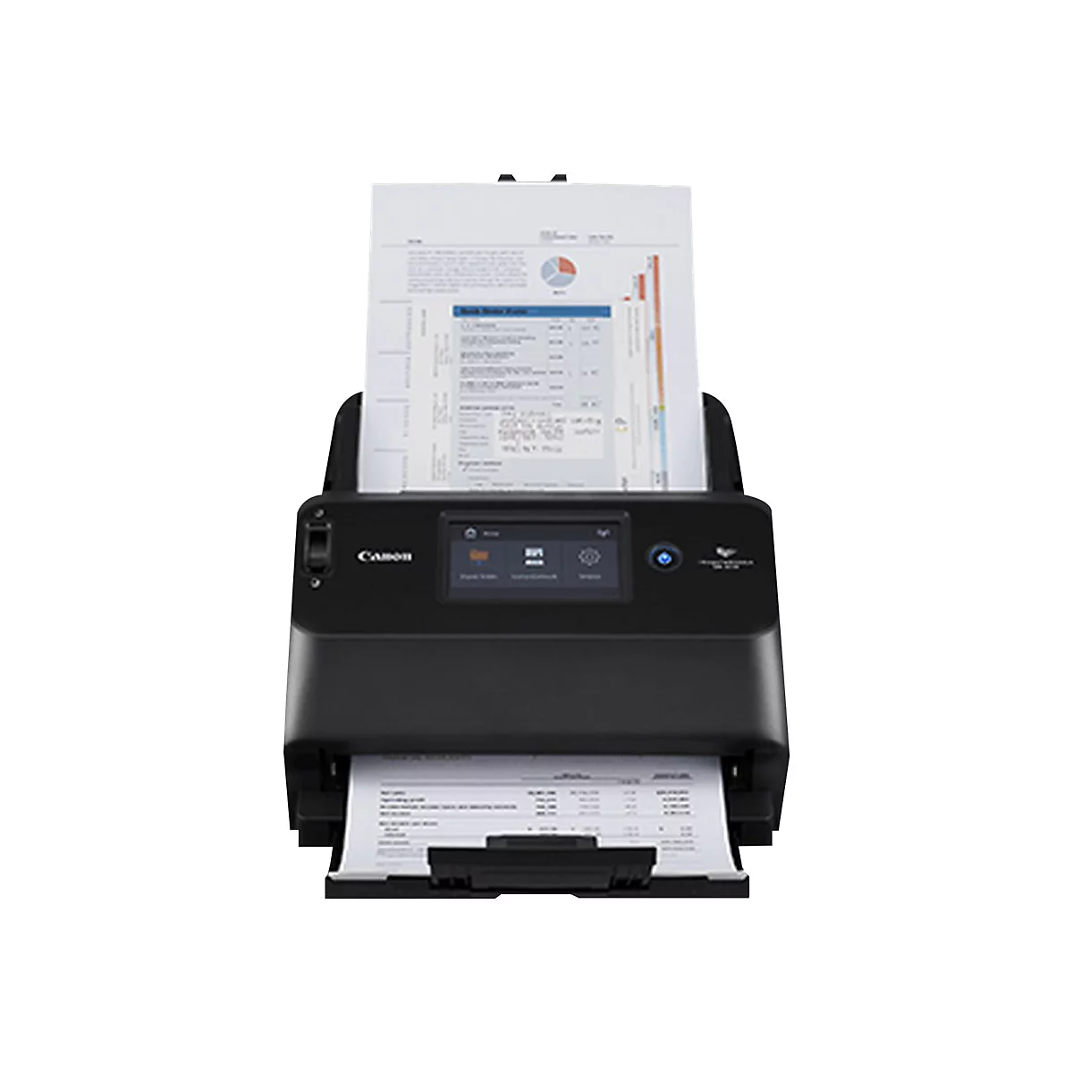 Ein schwarzer Canon-Scanner. Oben und unten liegen Blätter Papier. Ein Bildschirm ist in der Mitte des Scanners zu sehen.