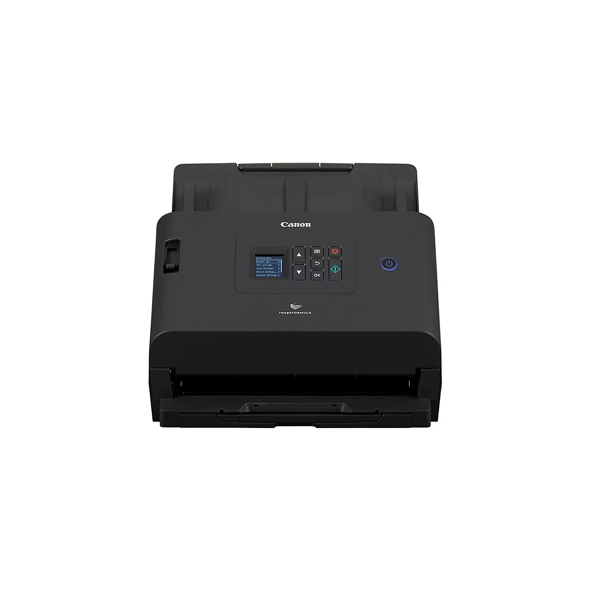 Scanner Canon noir avec panneau de commande et bouton d'alimentation.