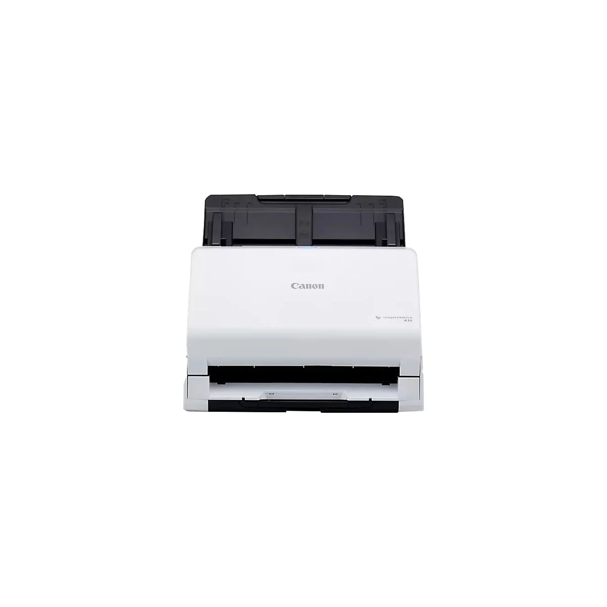 Ein weißer Canon-Dokumentenscanner mit schwarzem Einzug und Ausgabefach. Canon-Logo und Modellbezeichnung ImageFormula R30 sind sichtbar.