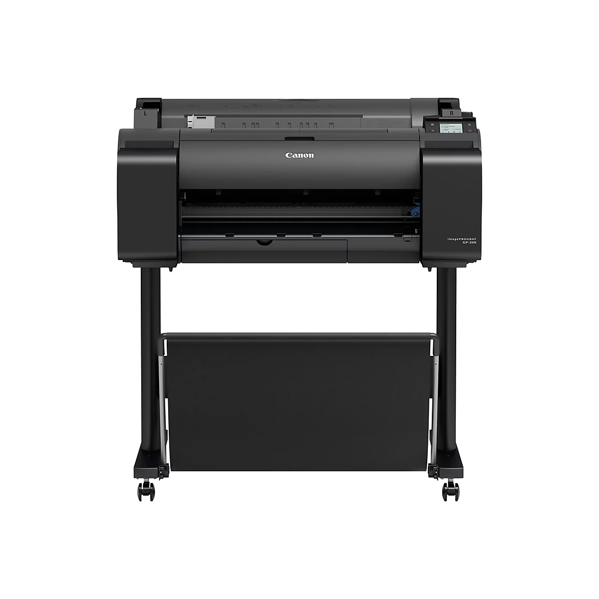 Schwarzer Canon imagePROGRAF GP-200 Großformatdrucker auf einem Rollständer vor weißem Hintergrund.
