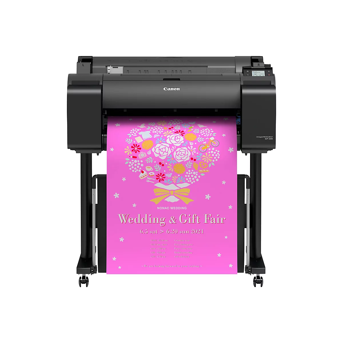 Eine Canon Großformatdruckmaschine, die einen rosa Banner mit einem Hochzeits- und Geschenke-Messe-Motiv druckt.