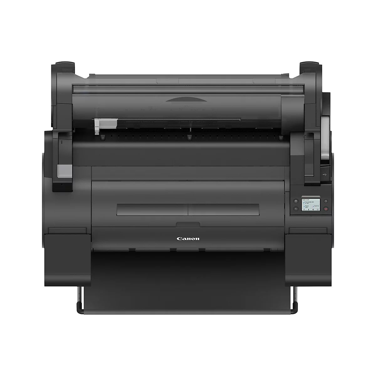 Schwarzer Canon Großformatdrucker in Frontalansicht vor weißem Hintergrund.