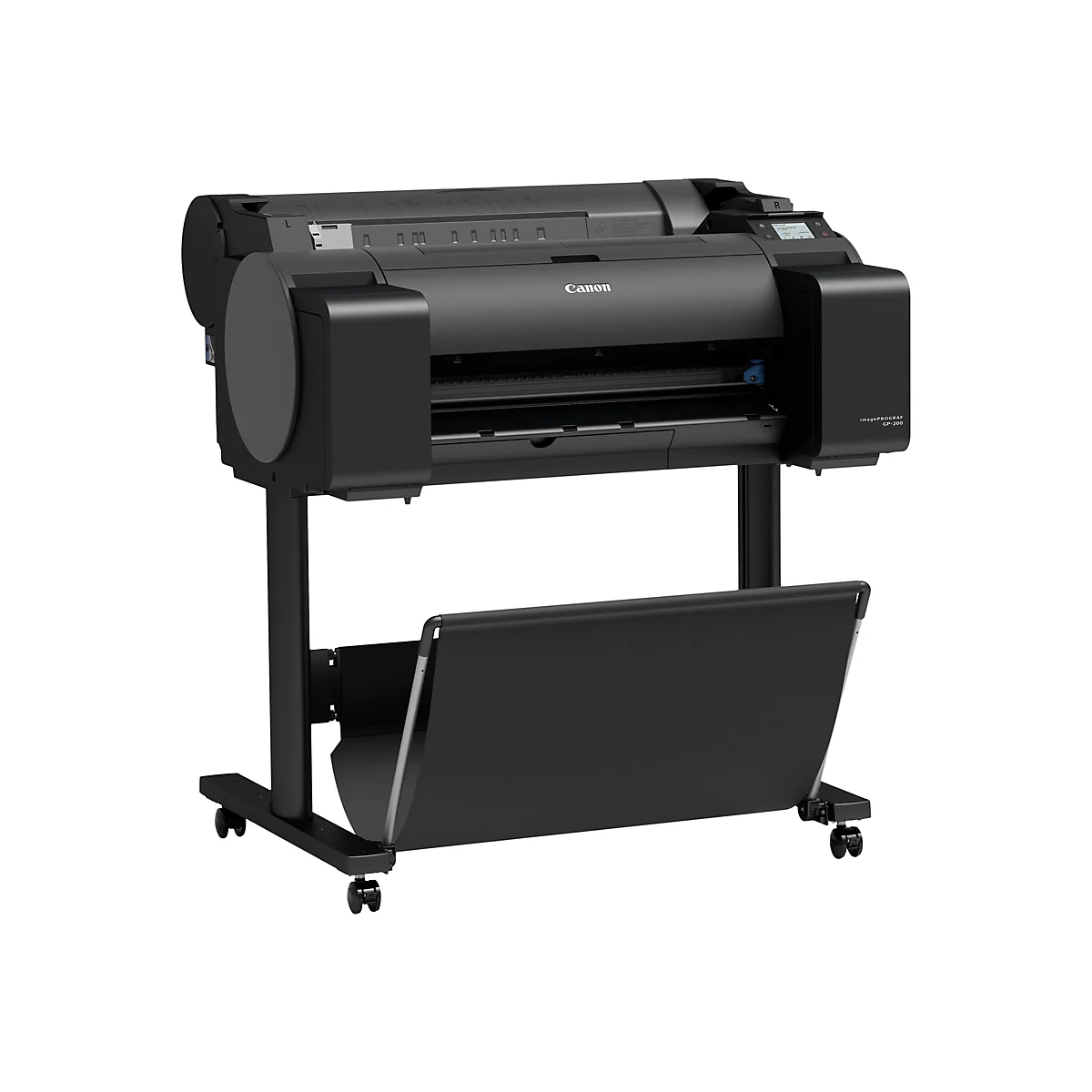 Schwarzer Canon Großformatdrucker auf Rollen, Display, Auffangbehälter, weißer Hintergrund.