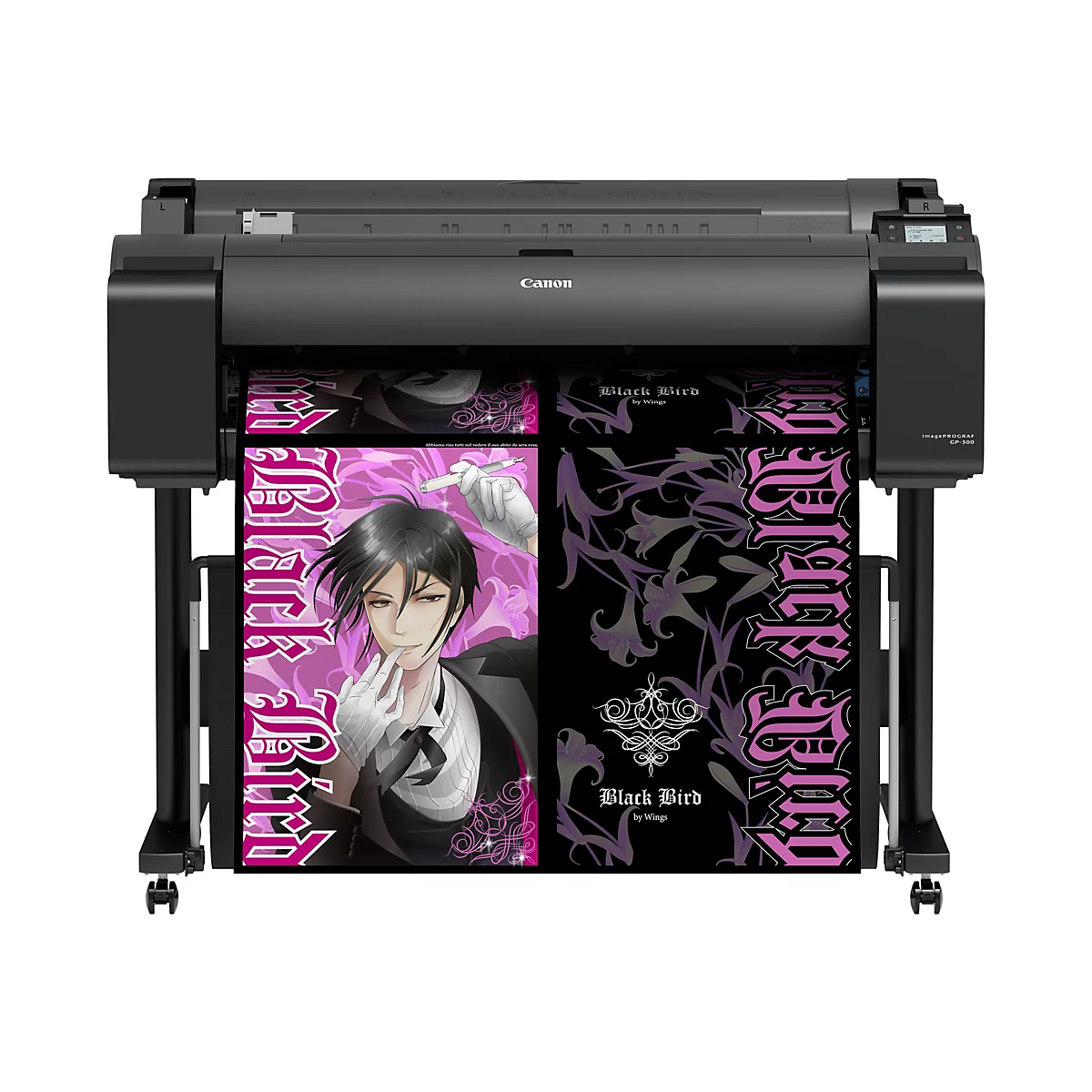 Großer schwarzer Canon-Drucker, der ein Poster mit einem Anime-Charakter und Schriftzug druckt.