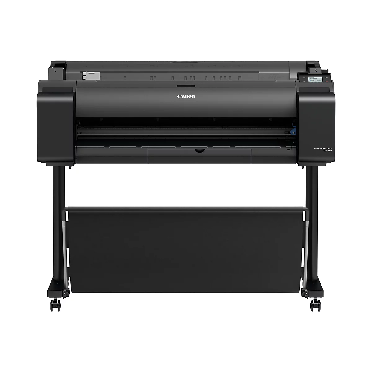 Schwarzer Canon imagePROGRAF GP-300 Großformatdrucker mit Rollen. Rechts befindet sich ein Display. Der Drucker steht auf einem Gestell mit Papierfangvorrichtung.