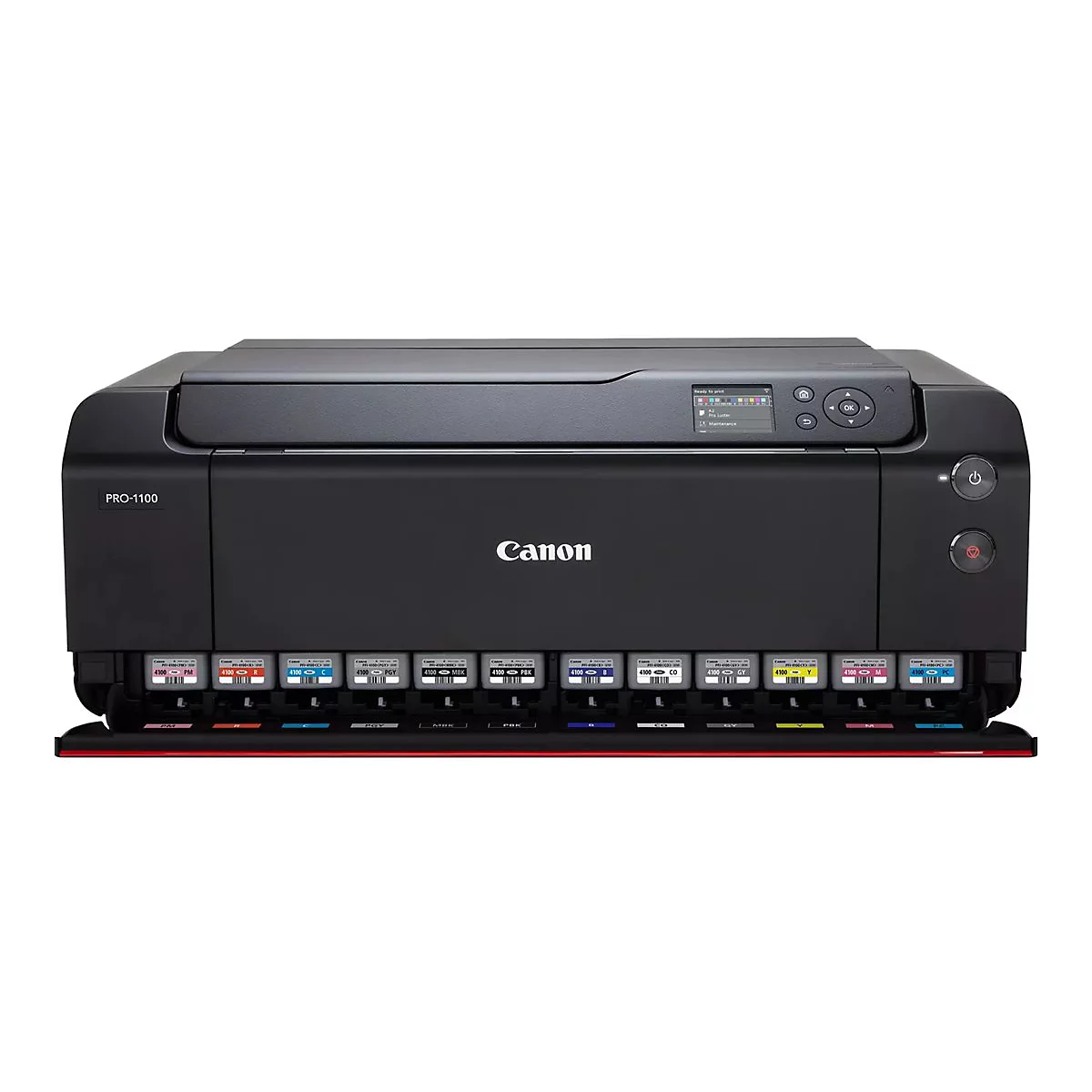 Ein schwarzer Canon PRO-1100 Tintenstrahldrucker mit Farbtintenpatronen. Das Display zeigt eine Bedienoberfläche. Der Drucker steht vor weißem Hintergrund.