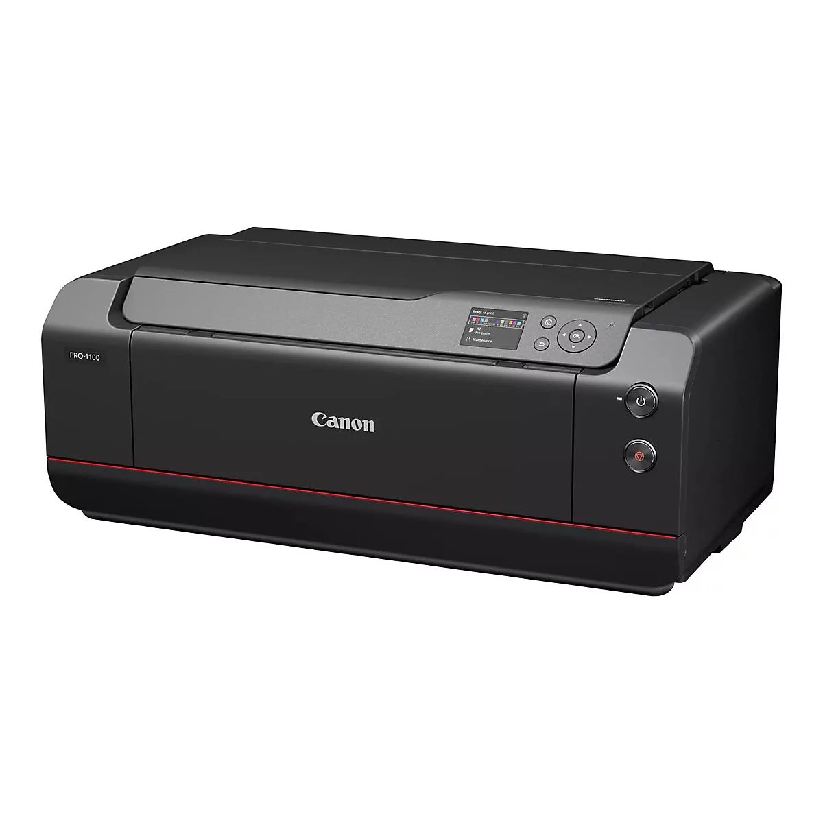 Schwarzer Canon-Drucker PRO-1100, roter Streifen, Bedientasten, Display.