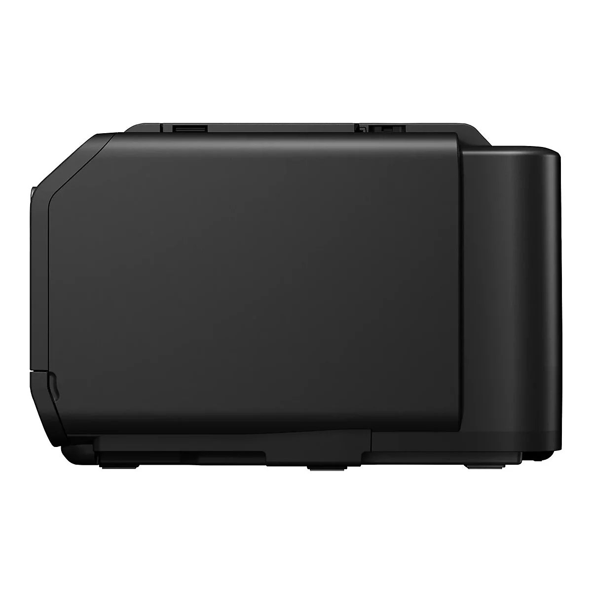 Schwarzer Drucker im Profil. Rechteckige Form mit abgerundeten Ecken, glatte Oberfläche.
