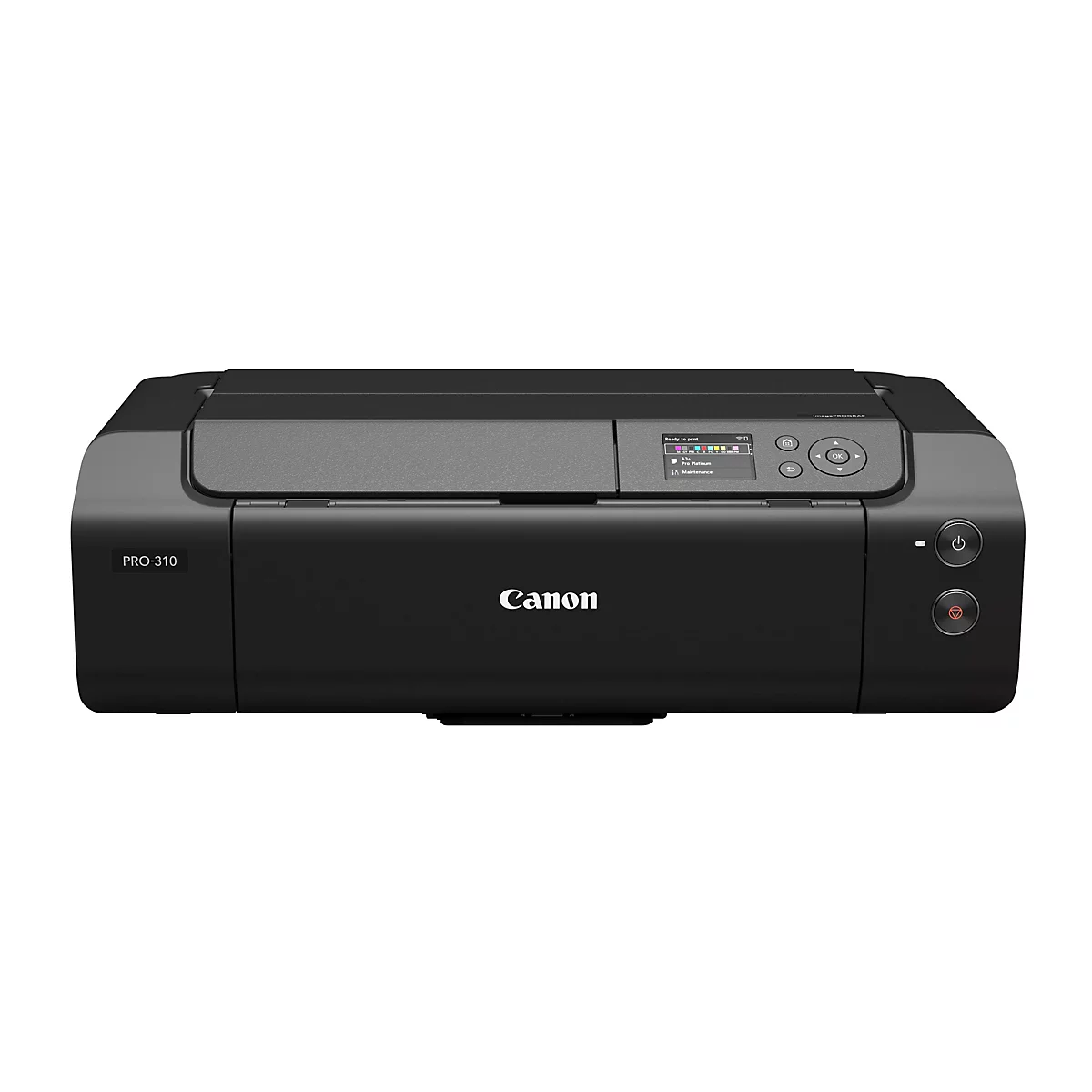 Schwarzer Canon PRO-310 Drucker. Bedienfeld mit Anzeige, seitlicher Power-Button.