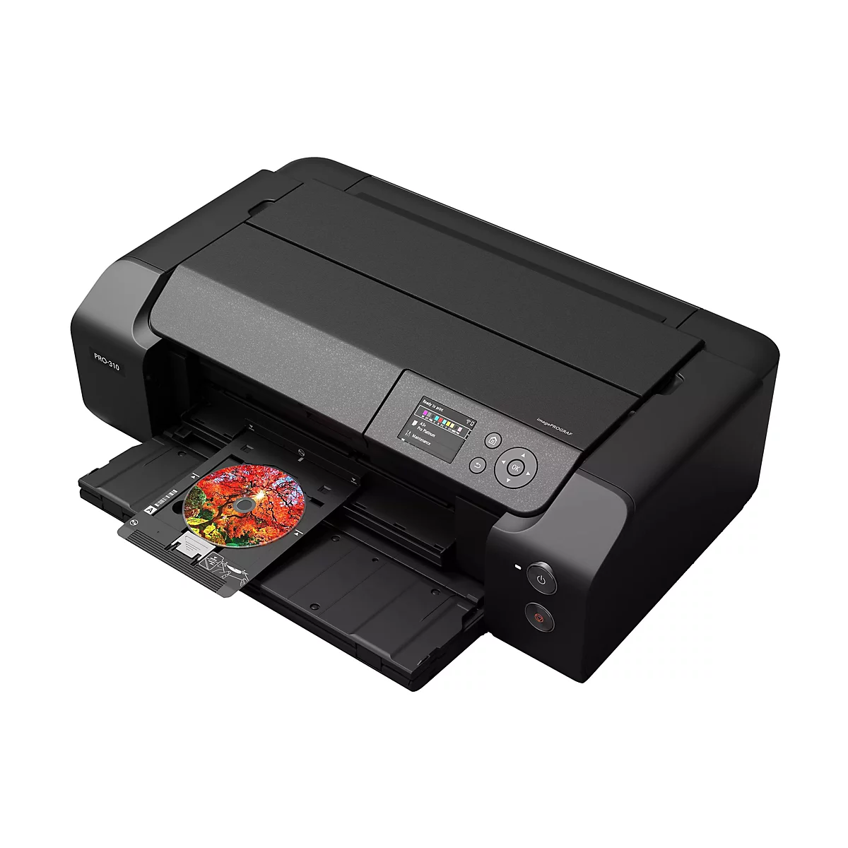 Schwarzer Tintenstrahldrucker, eine CD ist im Tray. Auf dem Display ist ein Menü sichtbar. Auf dem Display steht „Ready to print“