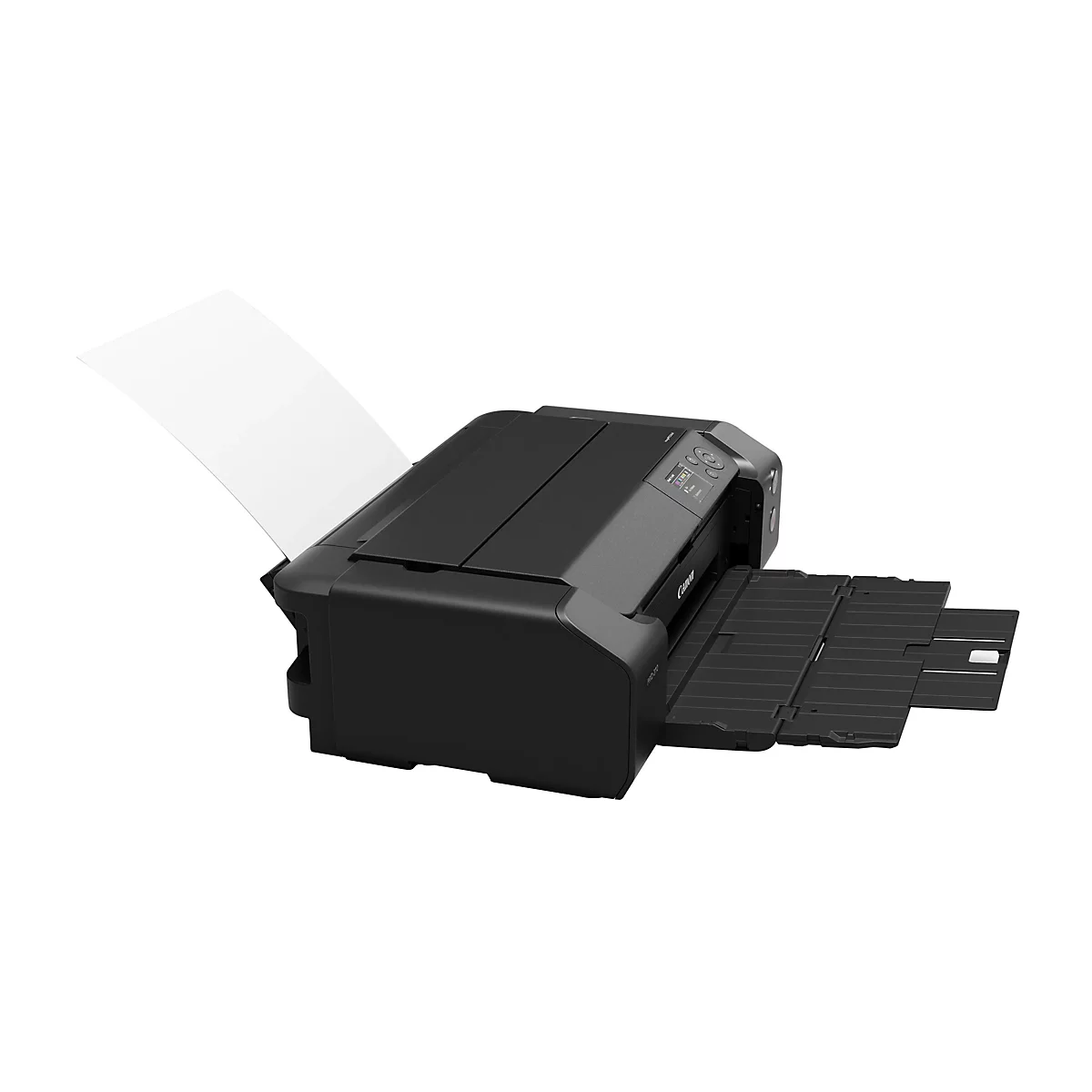 Imprimante Canon noire avec bac de sortie papier ouvert. Une feuille de papier sort de l'appareil.