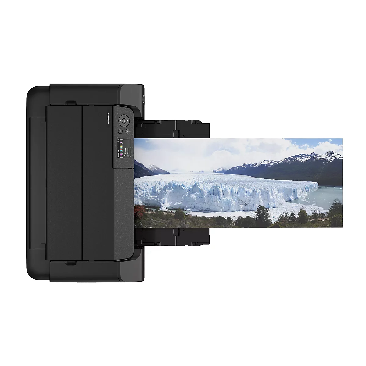 Imprimante grand format noire imprimant une photo du glacier Perito Moreno.