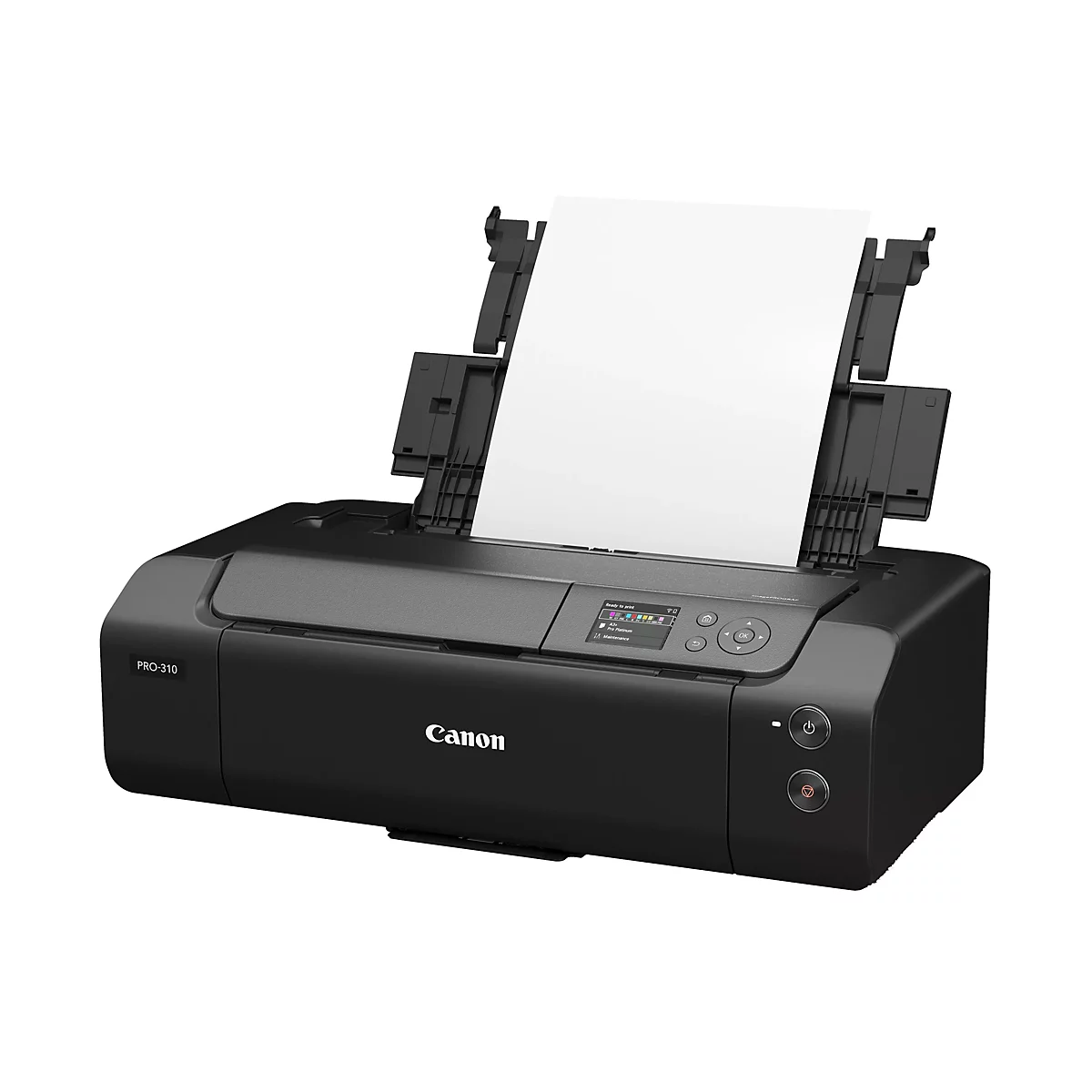 Imprimante Canon noire avec sortie papier relevée et feuille de papier insérée. Le panneau de commande affiche "Ready to print".