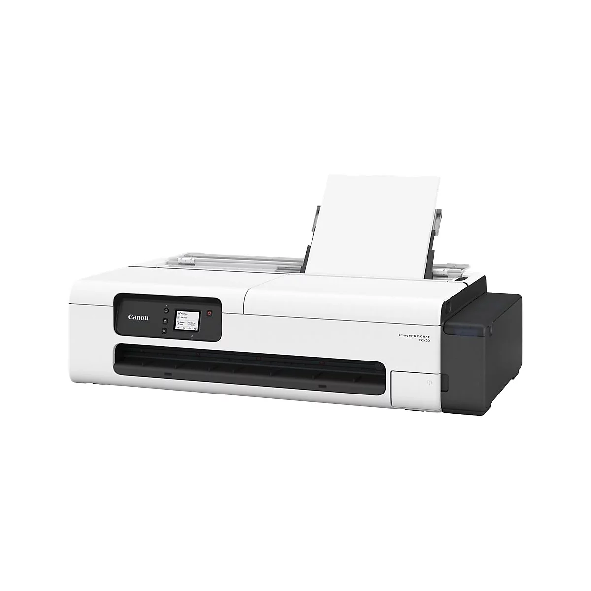 Weißer Canon-Drucker mit einem Blatt Papier, aus dem er herauskommt. Auf dem Drucker ist ein Bildschirm mit Text zu sehen.