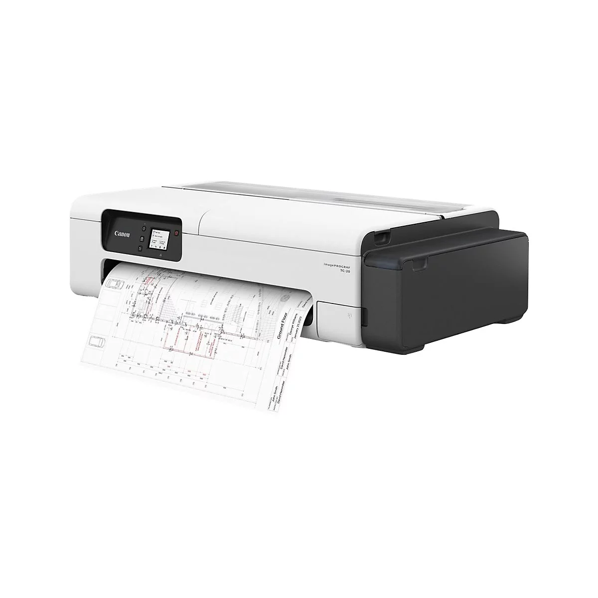 Weißer Canon-Drucker, der eine Bauzeichnung ausdruckt. Auf dem Drucker steht "Canon", "imagePROGRAF TC-20".