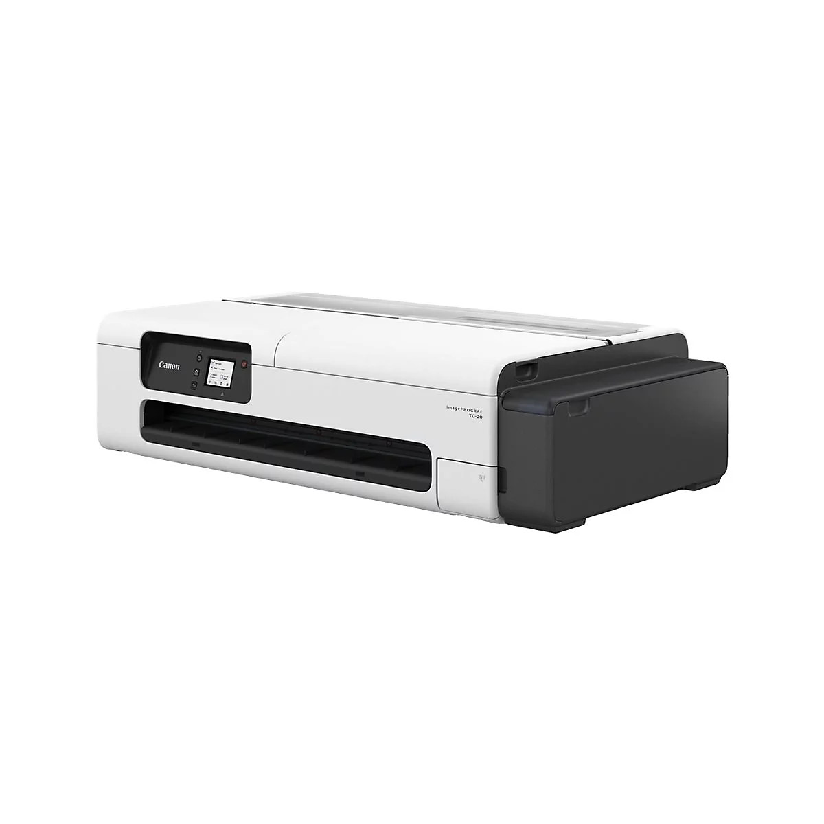 Canon-Drucker. Weißes Gehäuse mit schwarzem Element. Kleines Display. Aufschrift: imagePROGRAF TC-20.