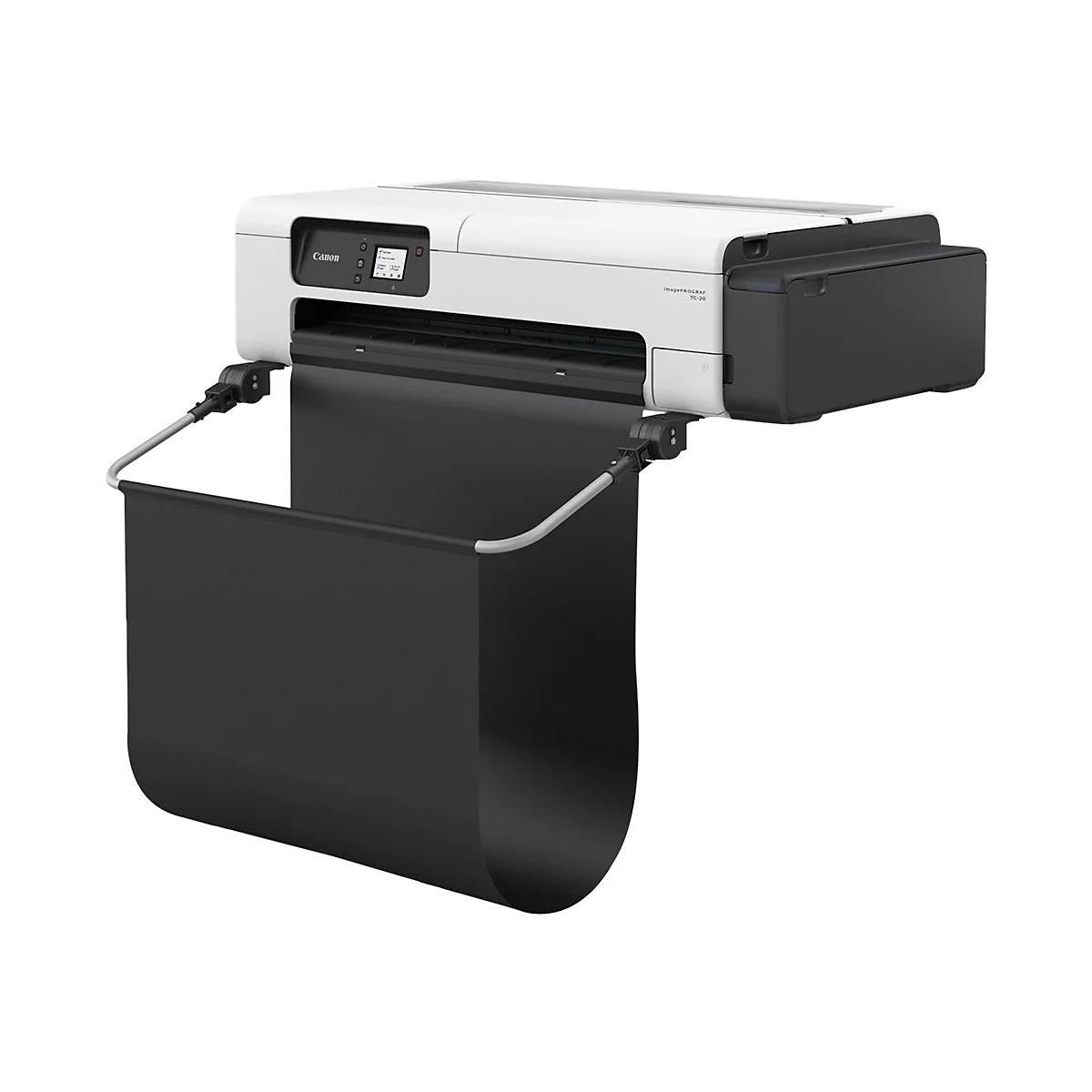Weiß-schwarzer Canon Drucker mit herunterhängendem Auffangbehälter.