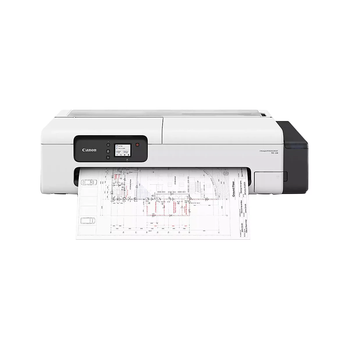 Weißer Canon-Drucker, der eine technische Zeichnung ausdruckt. Auf dem Drucker befindet sich ein Display.