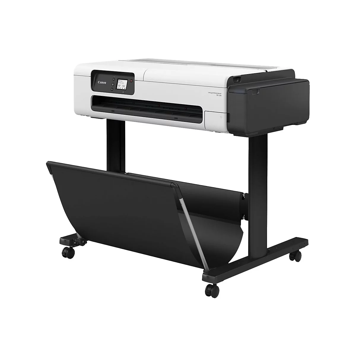 Weißer Canon Großformatdrucker auf schwarzem Ständer mit Auffangvorrichtung.