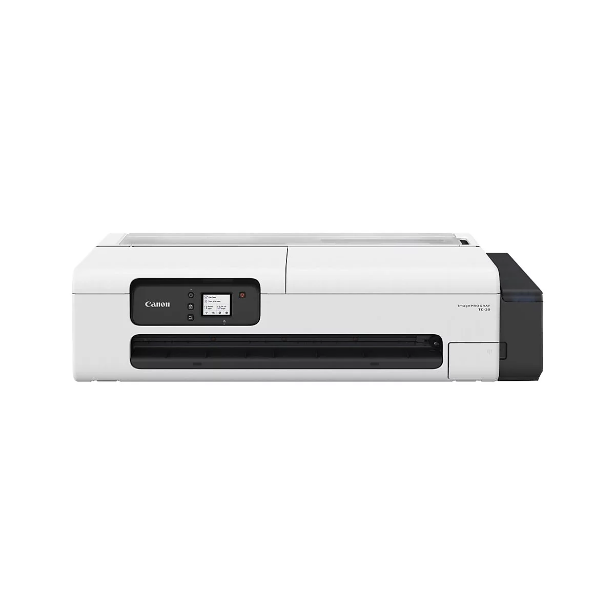 Weißer Canon-Drucker, Modell ImagePROGRAF TC-20, mit schwarzer Oberfläche und Bedienfeld.