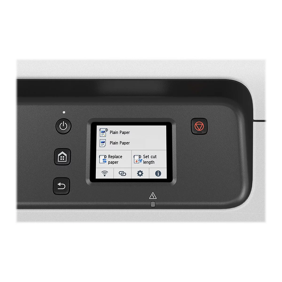 Drucker mit Display: Optionen für Papier, WLAN, Einstellungen. Schwarzes Bedienfeld, Tasten und roter Ein-/Aus-Knopf.