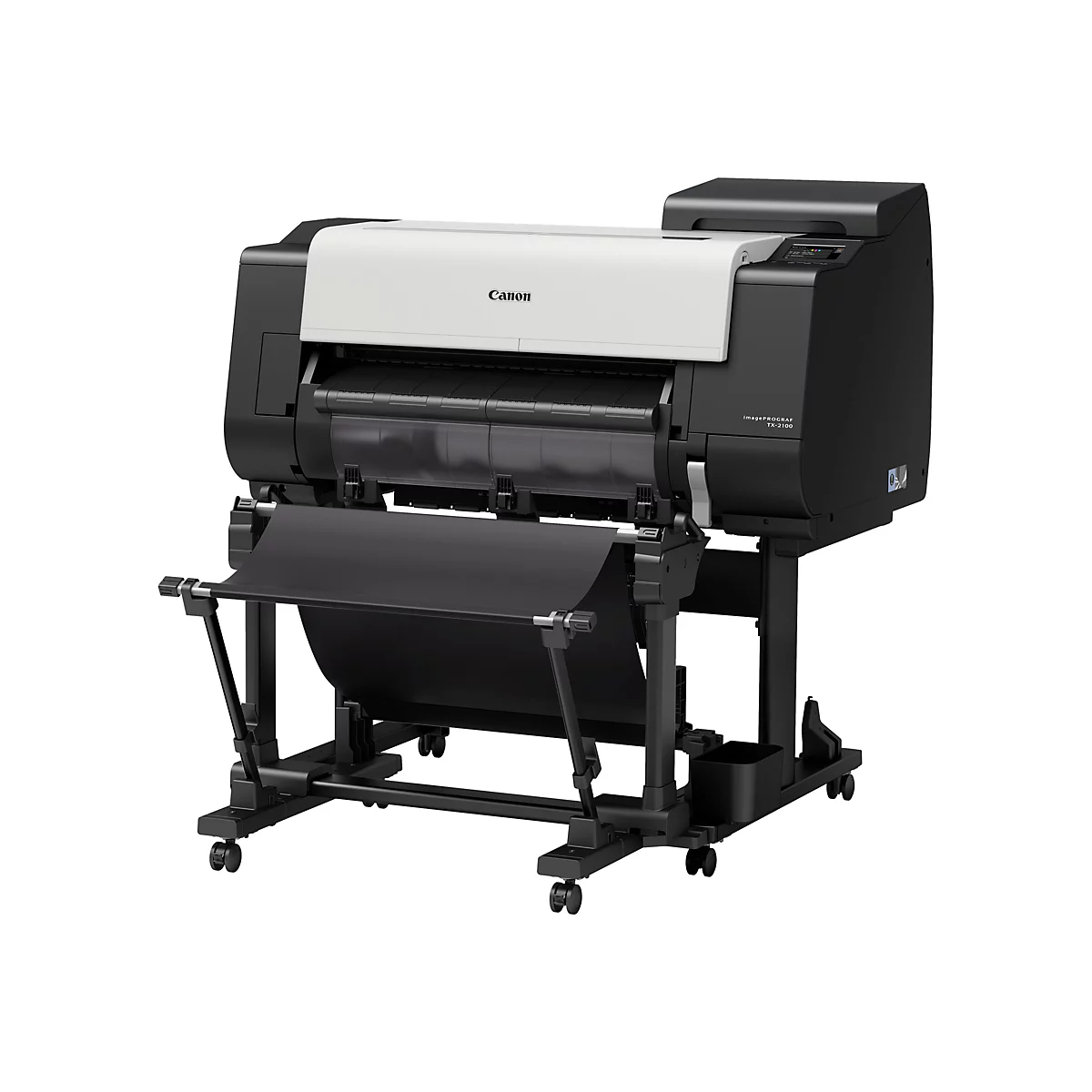 Ein großer, professioneller Canon-Drucker vor weißem Hintergrund. Der Drucker ist schwarz und cremefarben mit dem Canon-Logo. Es steht auf einem schwarzen Ständer mit Rollen.