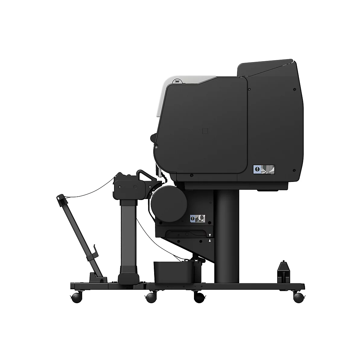Seitenansicht eines großformatigen Druckers auf Rollen. Schwarz-graues Gehäuse, weißes Dach. Das Gerät steht auf einem schwarzen Gestell mit Rollen.