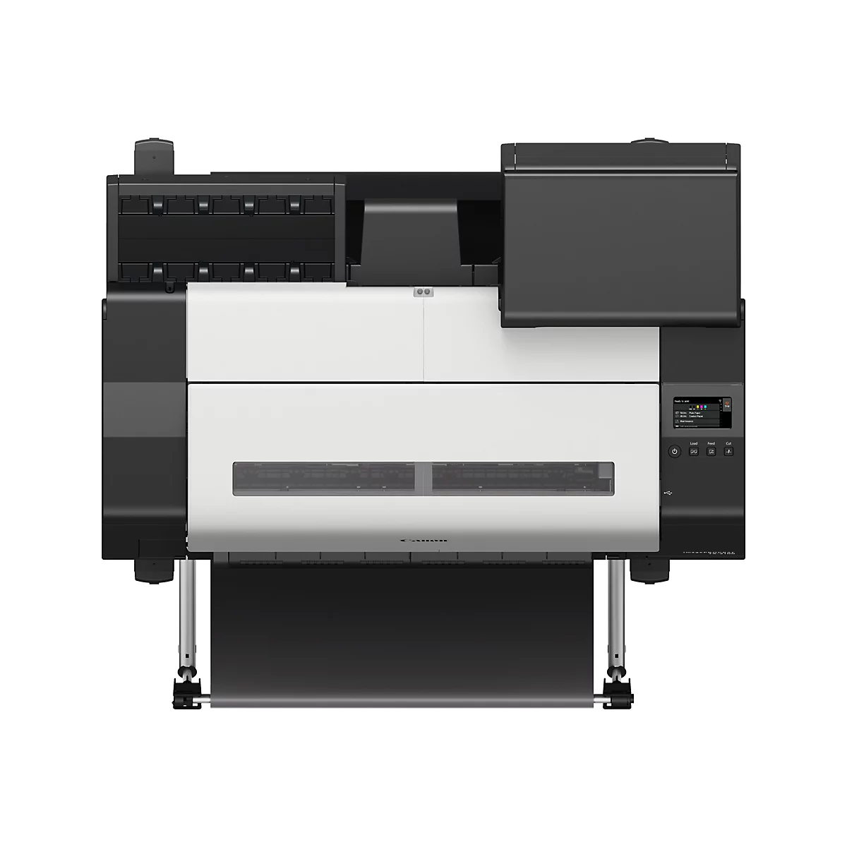 Großer, weiß-schwarzer Canon-Drucker mit Bedienfeld, Papierausgabefach und Papiereinzug.