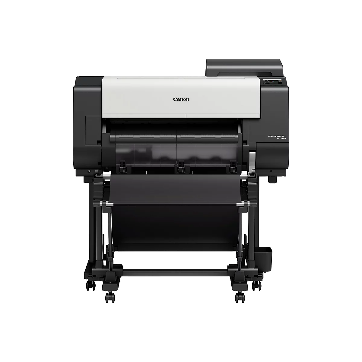 Ein großer, professioneller Canon-Drucker auf Rollen, in Schwarz und Hellgrau. Das Logo "Canon" ist deutlich sichtbar. Darunter hängt eine große Rolle schwarzes Papier.