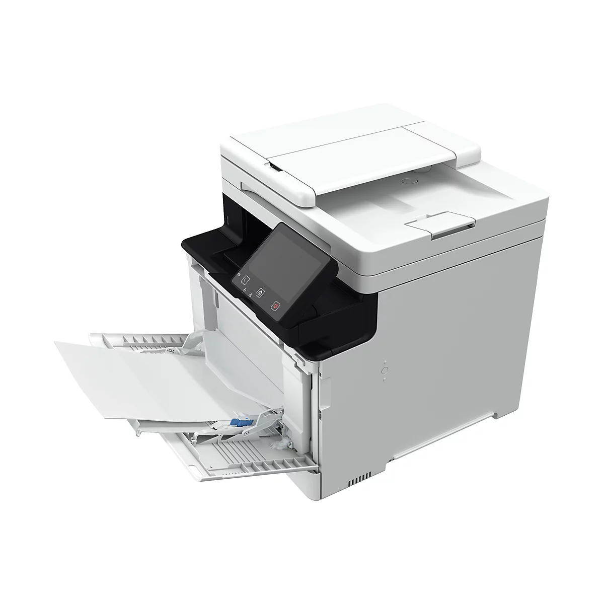 Imprimante multifonction Canon blanche. Panneau de commande noir avec écran tactile. Le logo Canon est bien visible.