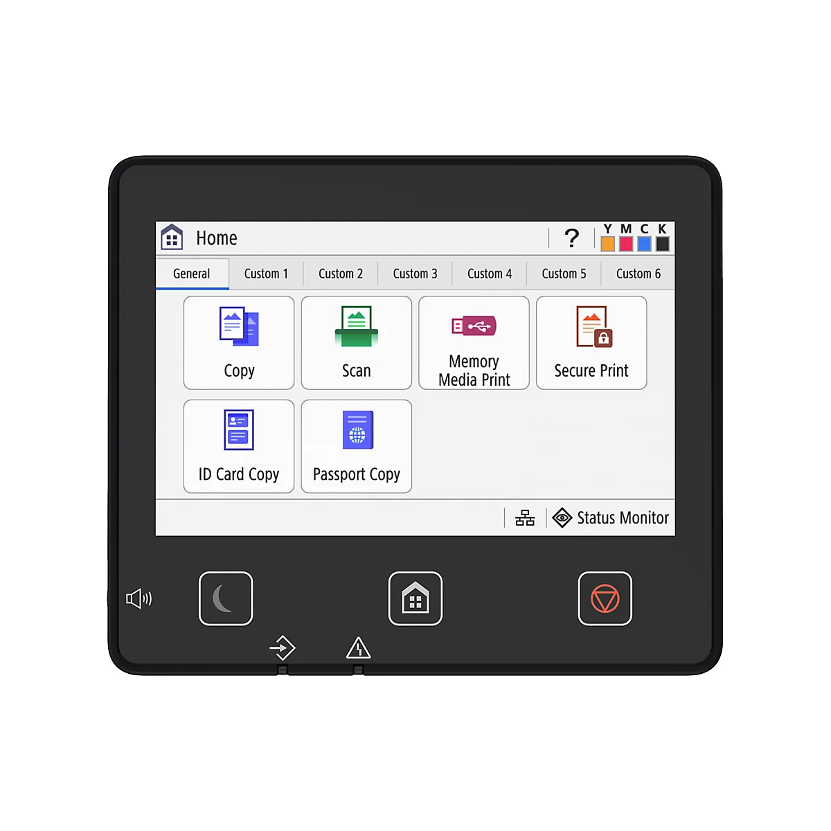 Écran tactile à cadre noir avec options de menu telles que copier, numériser et imprimer en toute sécurité. L'écran affiche les options Accueil, Général et Personnalisé.