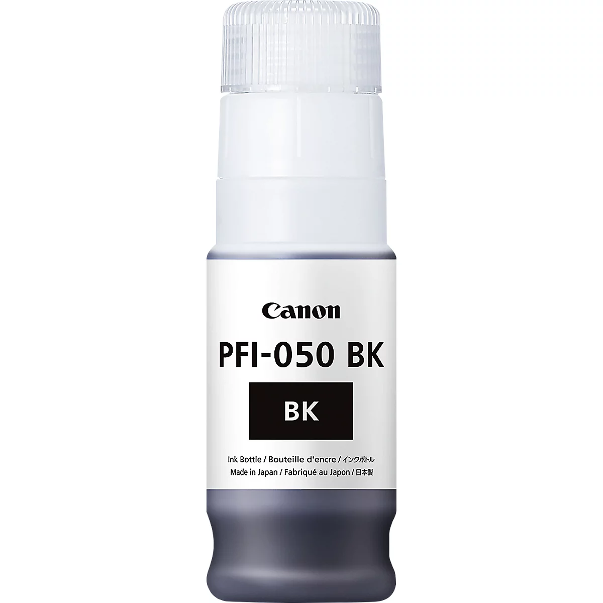 Black Canon ink bottle with white cap. Printed: PFI-050 BK.