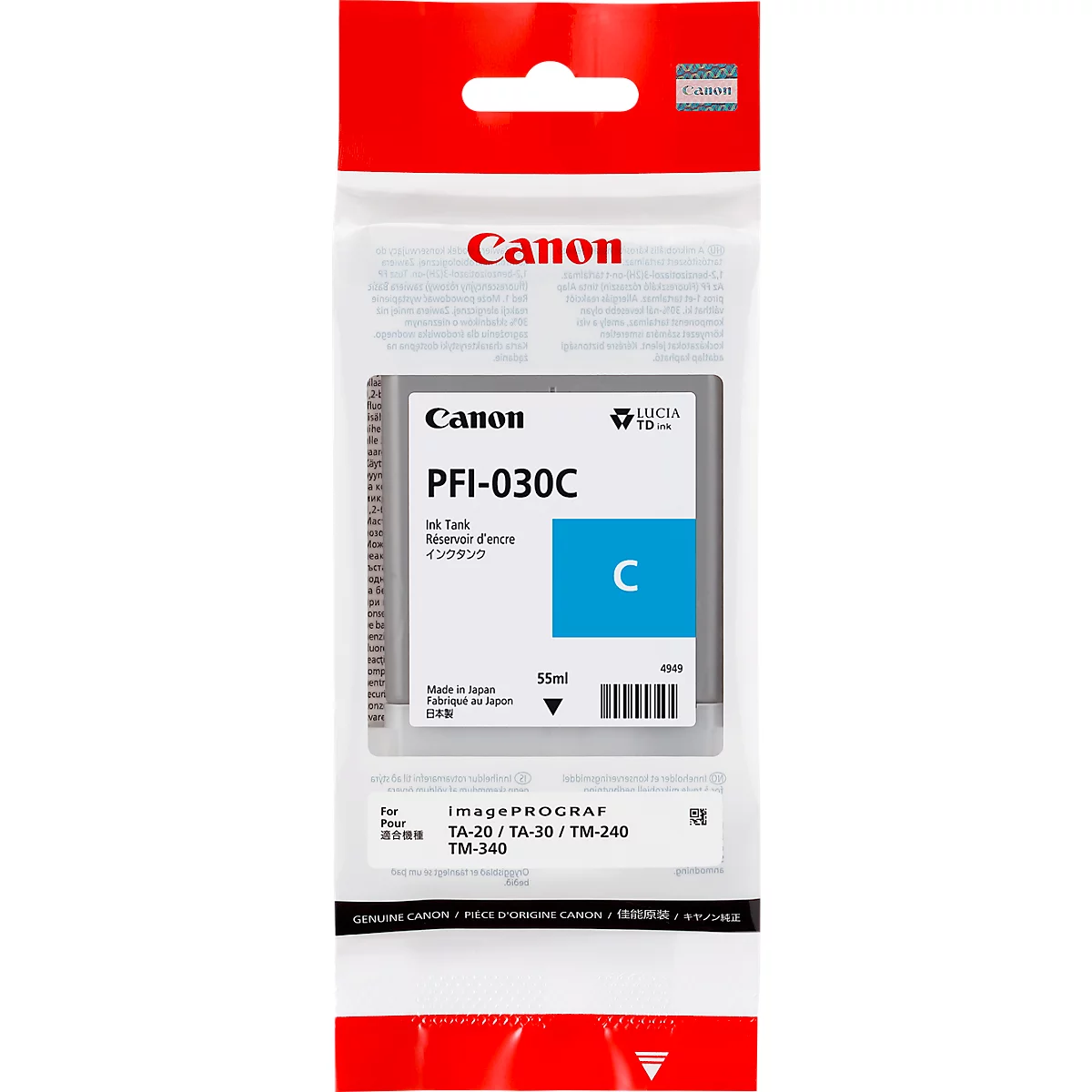 Canon PFI-030C ink cartridge, packaged in a transparent foil. Print with product name and color 'C'.