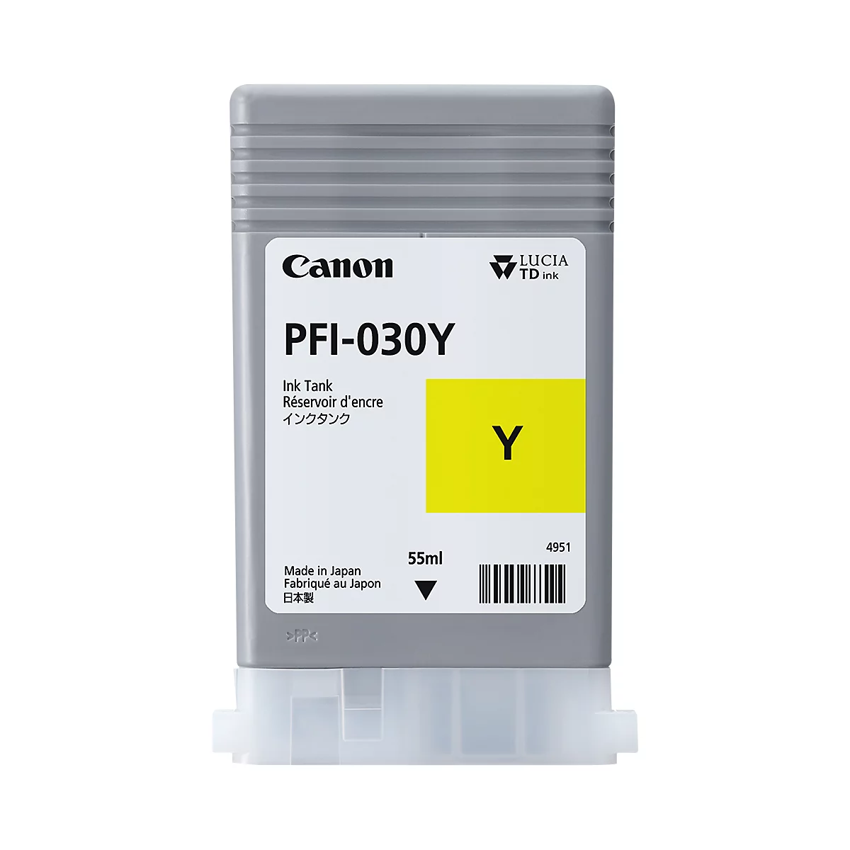 Grey Canon ink tank with yellow area. Labelled: PFI-030Y, 55ml, Lucia TD Ink.