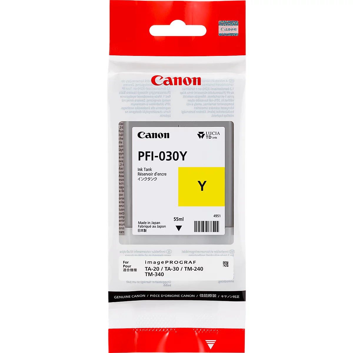 Yellow Canon ink cartridge in packaging with product name and logo.