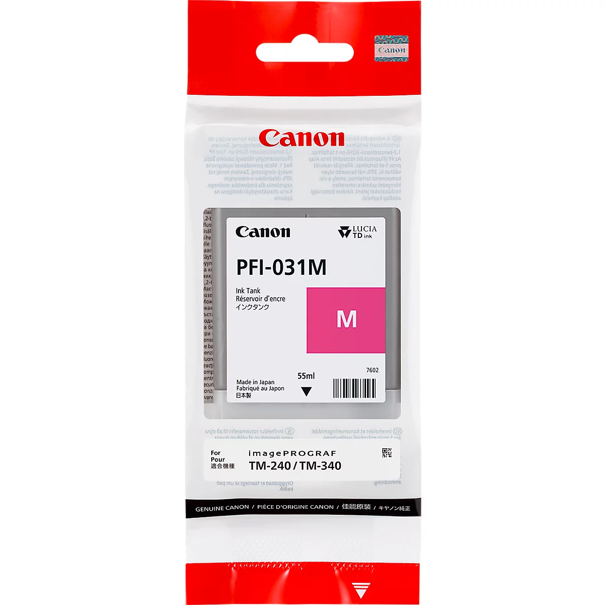 Canon ink cartridge in plastic packaging, with text and a pink field.