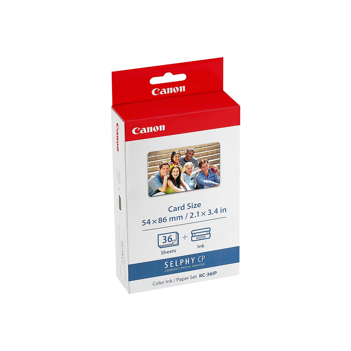 Paquet de papier photo Canon, avec image de famille, logo et détails du produit.